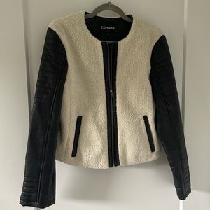 Express black faux leather white Sherpa jacket with pockets!